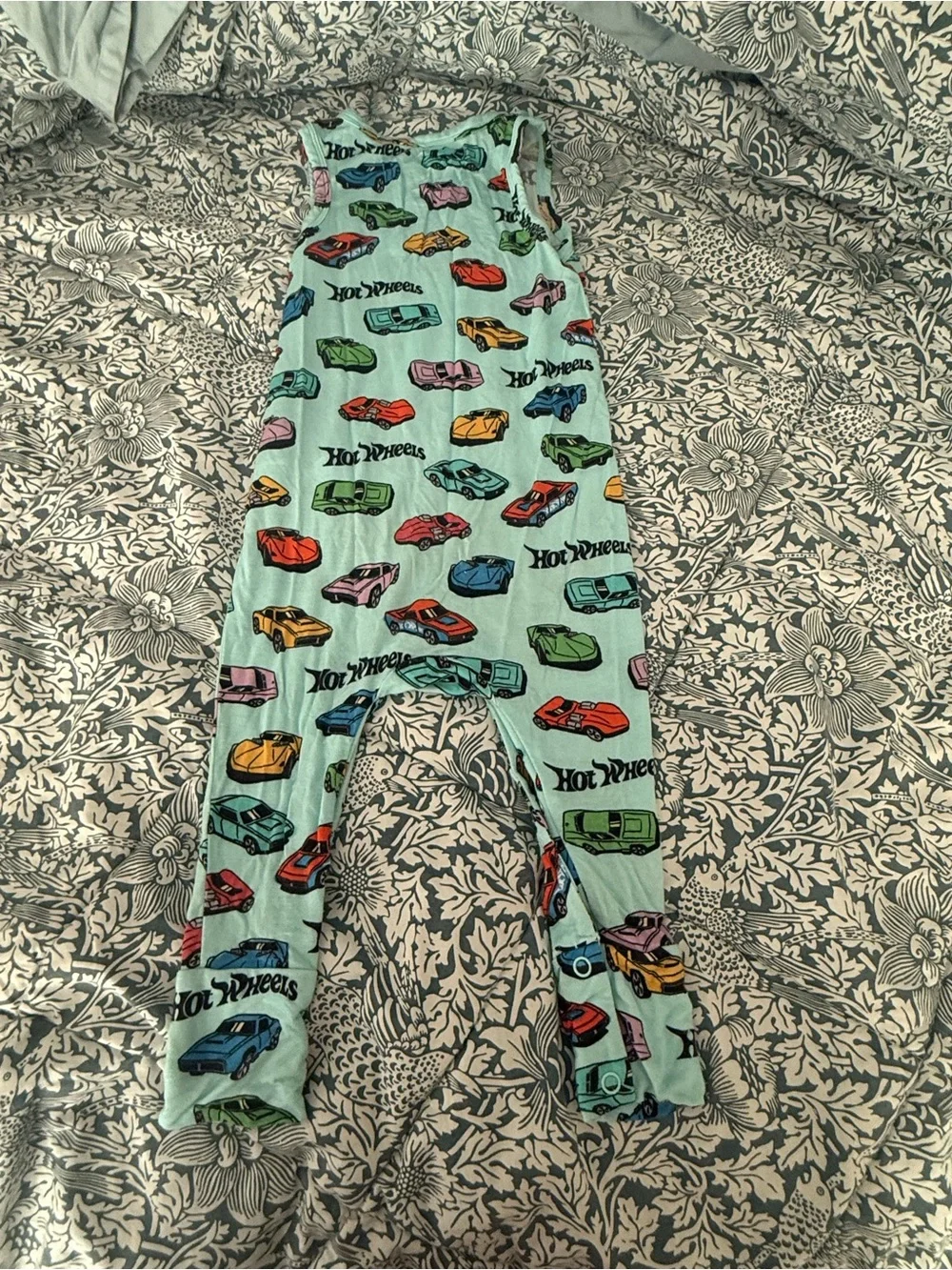 Posh Peanut x hot wheels Light Blue snap Romper with Multi-Color Car Print